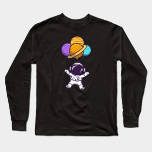 Cute Astronaut Floating With Planet Balloon In Space Cartoon Long Sleeve T-Shirt